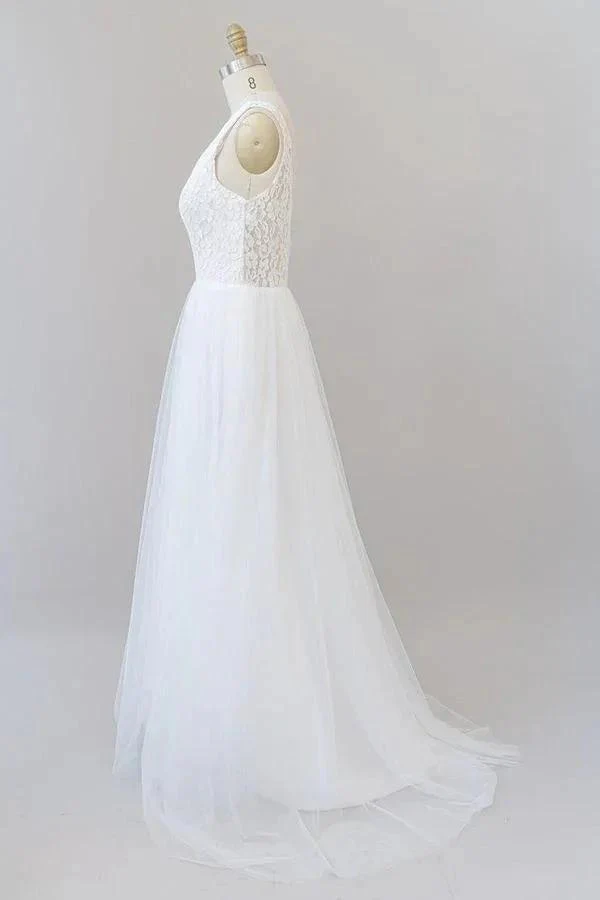 Long A-line Open Back V-neck Lace Tulle Wedding Dress - Image 4