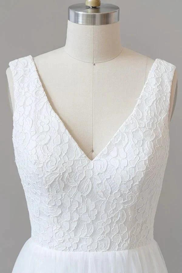 Long A-line Open Back V-neck Lace Tulle Wedding Dress - Image 5