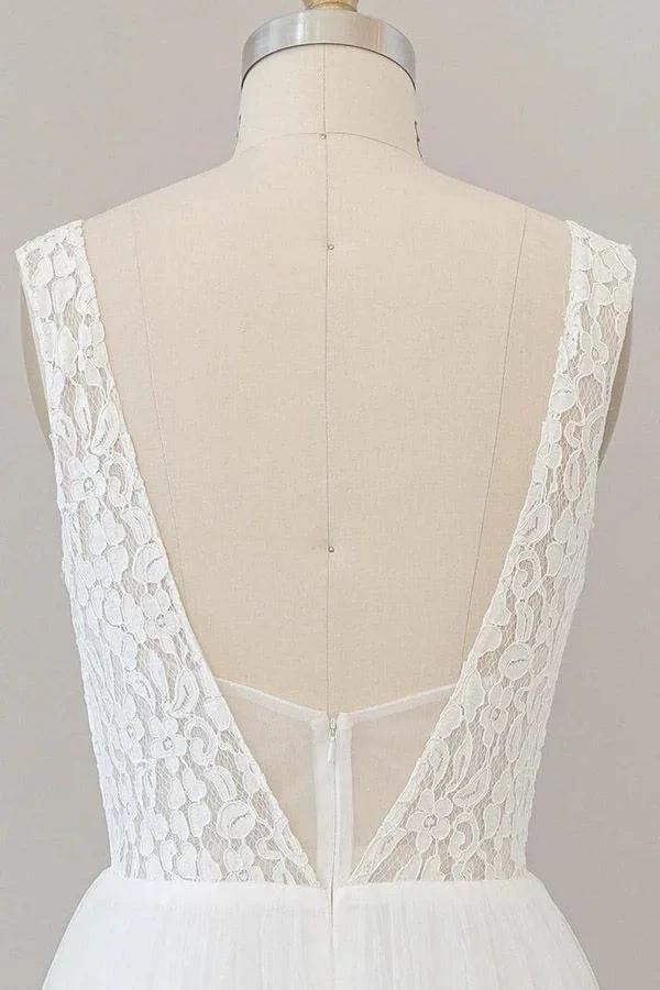 Long A-line Open Back V-neck Lace Tulle Wedding Dress - Image 7