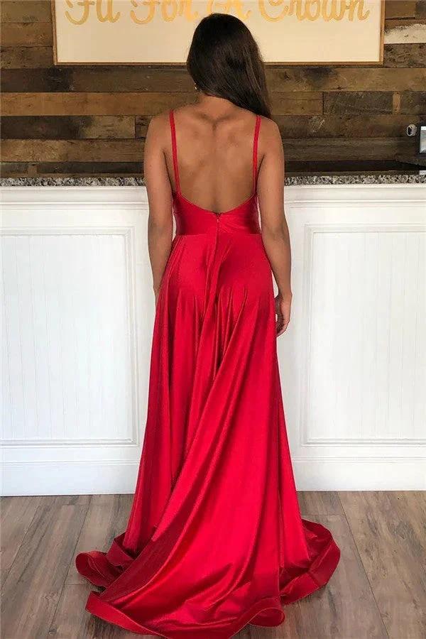 Long A-line Open Back V-neck Red Prom Dress With Slit - Image 2