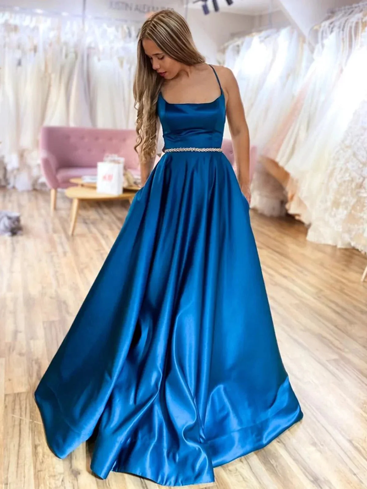 Long A-line Satin Backless Formal Prom Dresses with Belt - Image 2