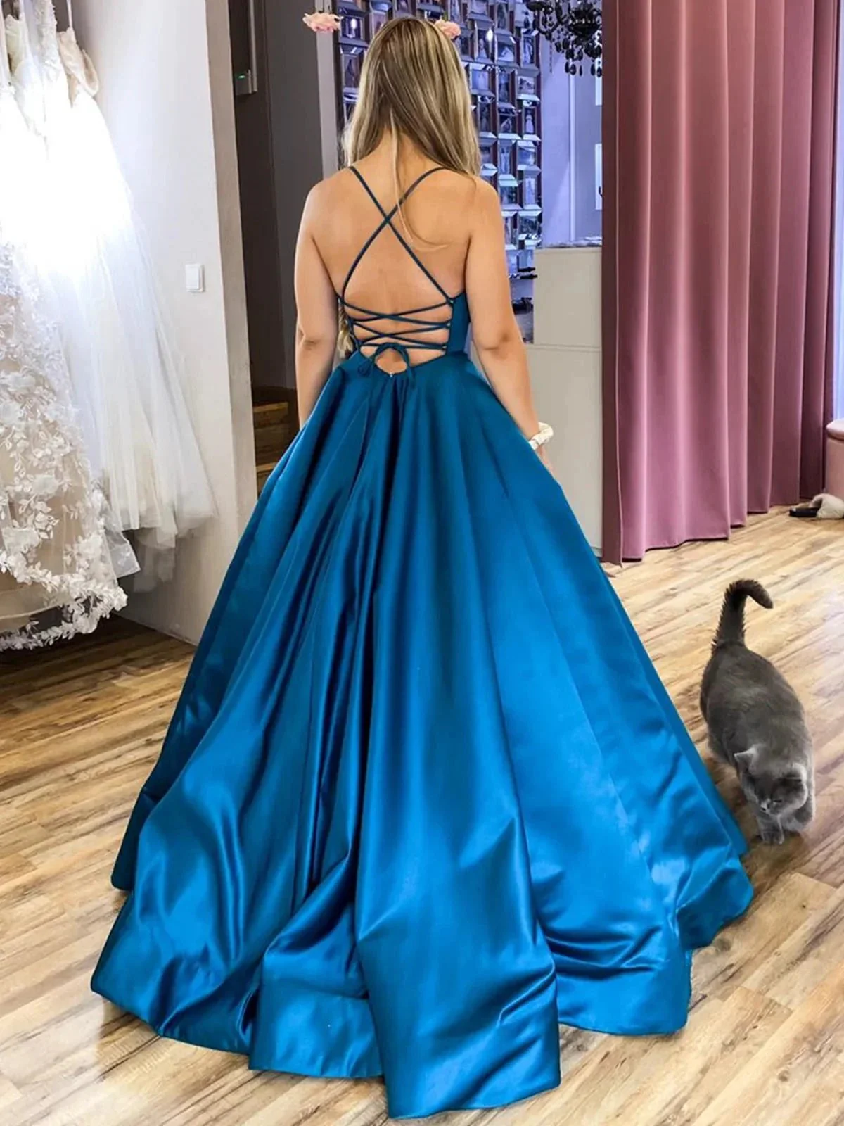 Long A-line Satin Backless Formal Prom Dresses with Belt - Image 3