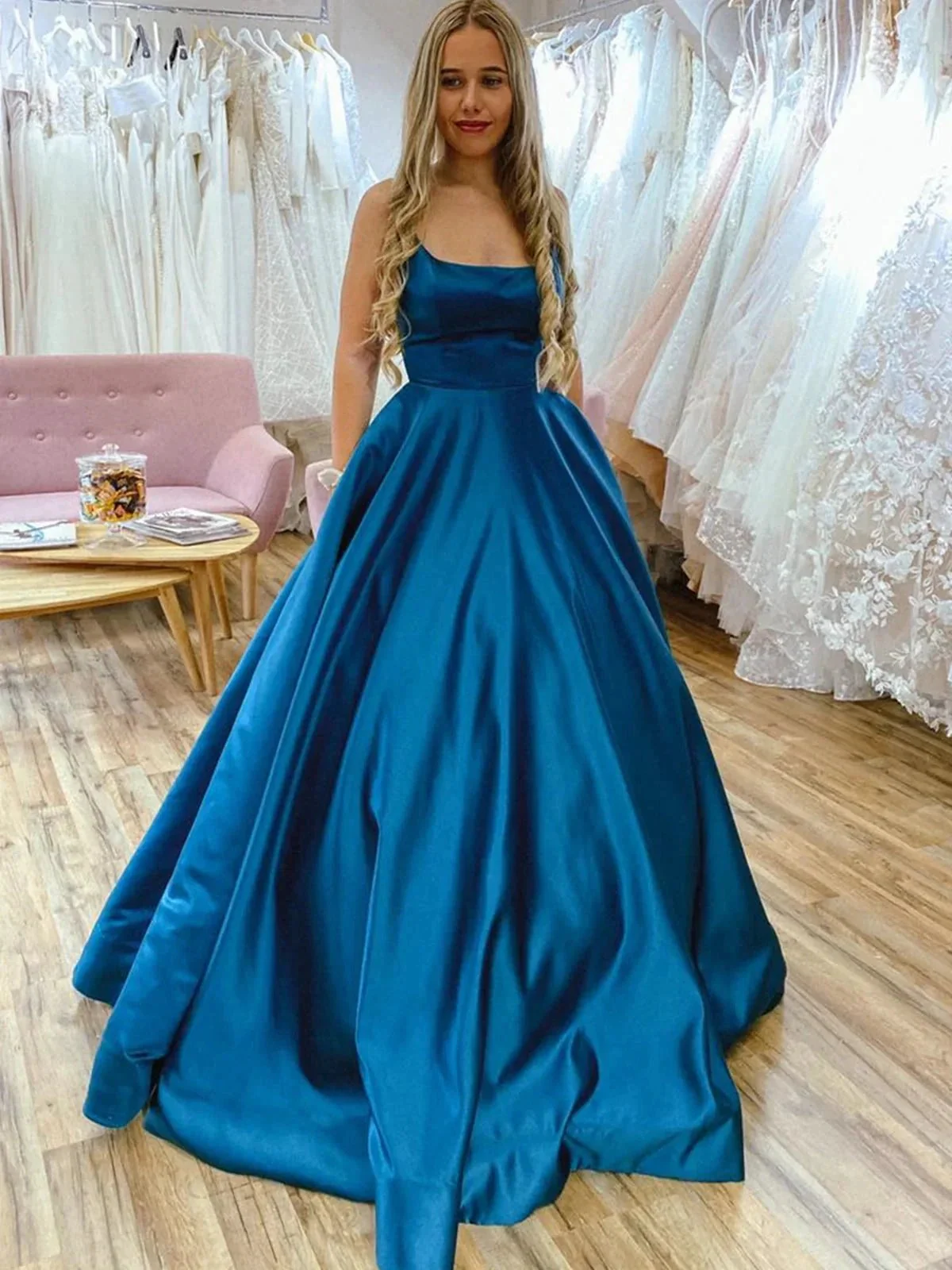 Long A-line Satin Backless Formal Prom Dresses with Belt - Image 4