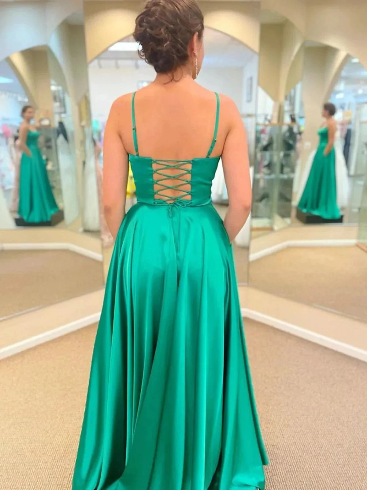 Long A-line Satin Prom Dress with Pockets Green Formal Graduation Evening Dresses with Slit - Image 2