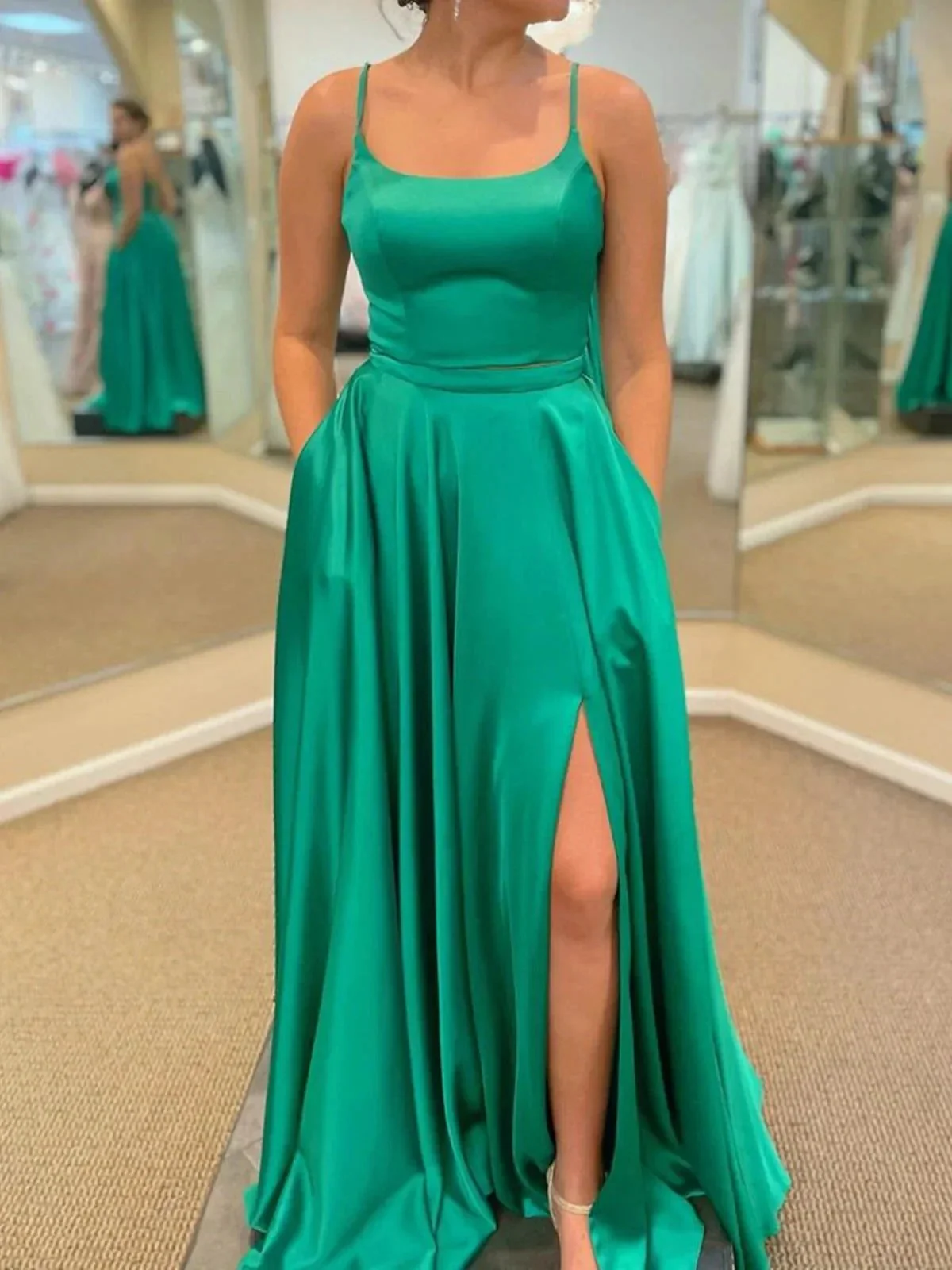 Long A-line Satin Prom Dress with Pockets Green Formal Graduation Evening Dresses with Slit - Image 3