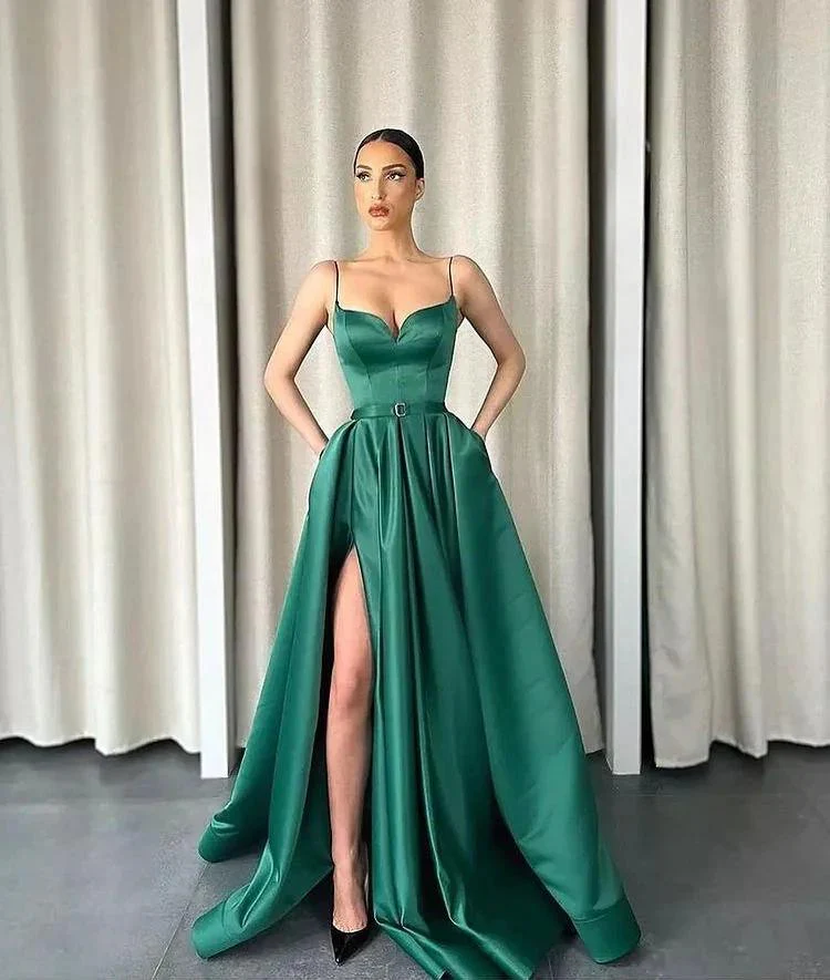 Long A-Line Satin Spaghetti Straps V-Neck Front Slit Prom Dress With Pockets - Image 2