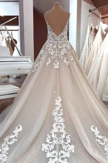 Long A-Line Sequin Tulle Spaghetti Straps Appliques Lace Wedding Dress - Image 2