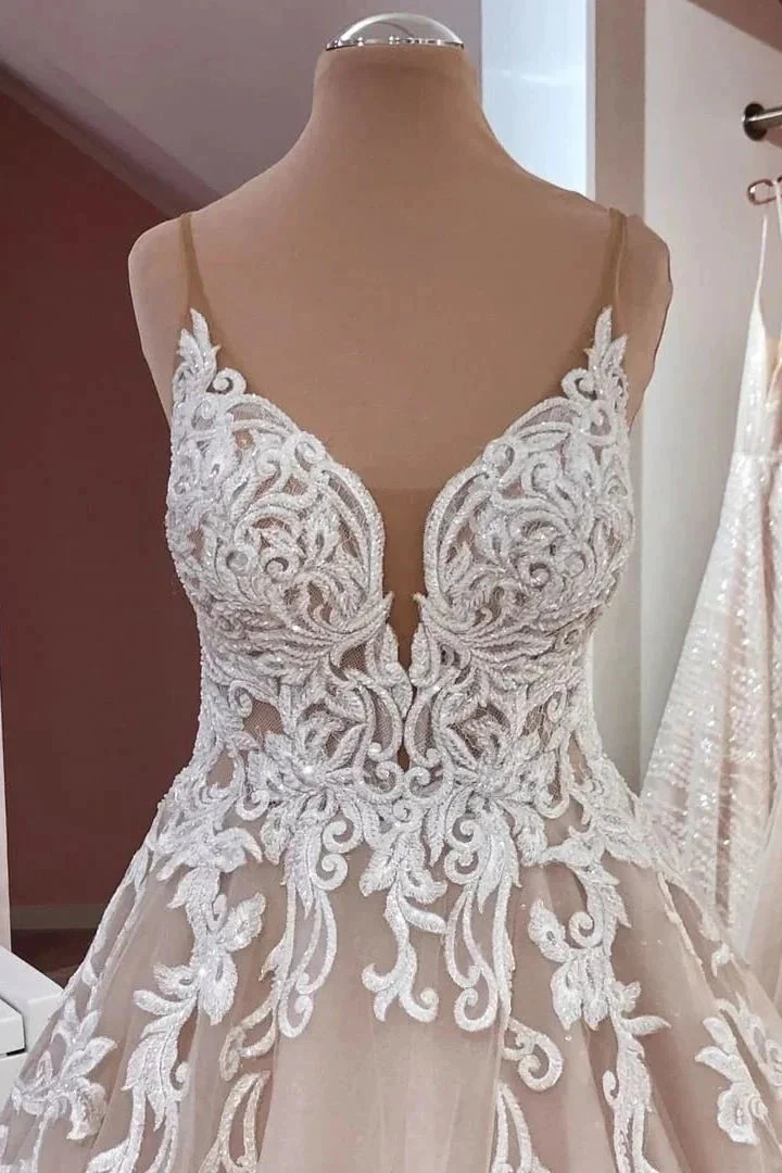 Long A-Line Sequin Tulle Spaghetti Straps Appliques Lace Wedding Dress - Image 3