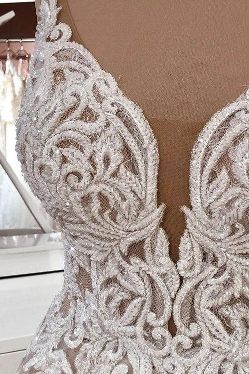 Long A-Line Sequin Tulle Spaghetti Straps Appliques Lace Wedding Dress - Image 4