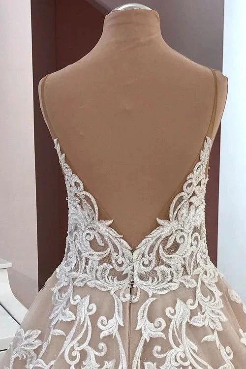 Long A-Line Sequin Tulle Spaghetti Straps Appliques Lace Wedding Dress - Image 5