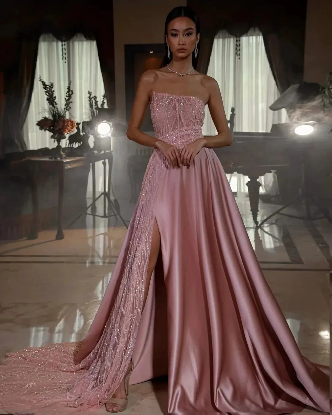 Long A-line Sequined Strapless Sleeveless Formal Prom Dress With Split - Image 2