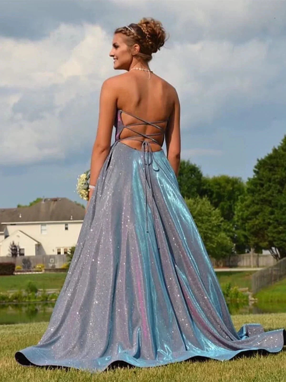 Long A-line Sleeveless Open Back Formal Graduation Dresses with Slit - Image 3