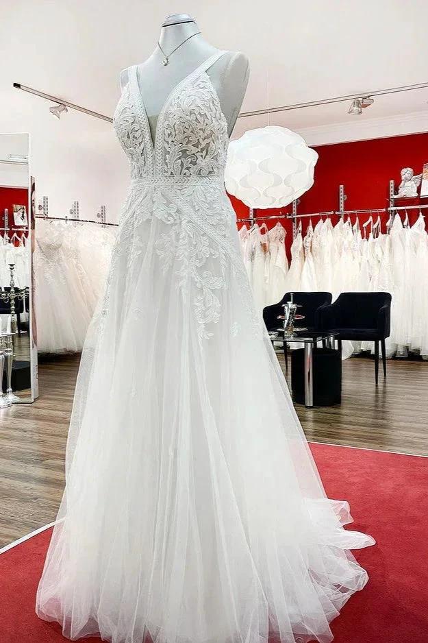 Long A-line Sleeveless Tulle Lace Appliques Open Back Wedding Dresses - Image 2