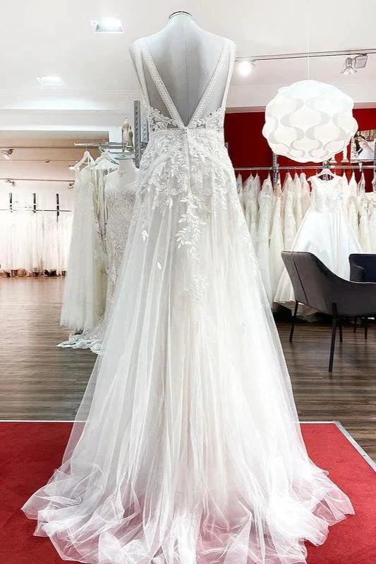 Long A-line Sleeveless Tulle Lace Appliques Open Back Wedding Dresses - Image 3