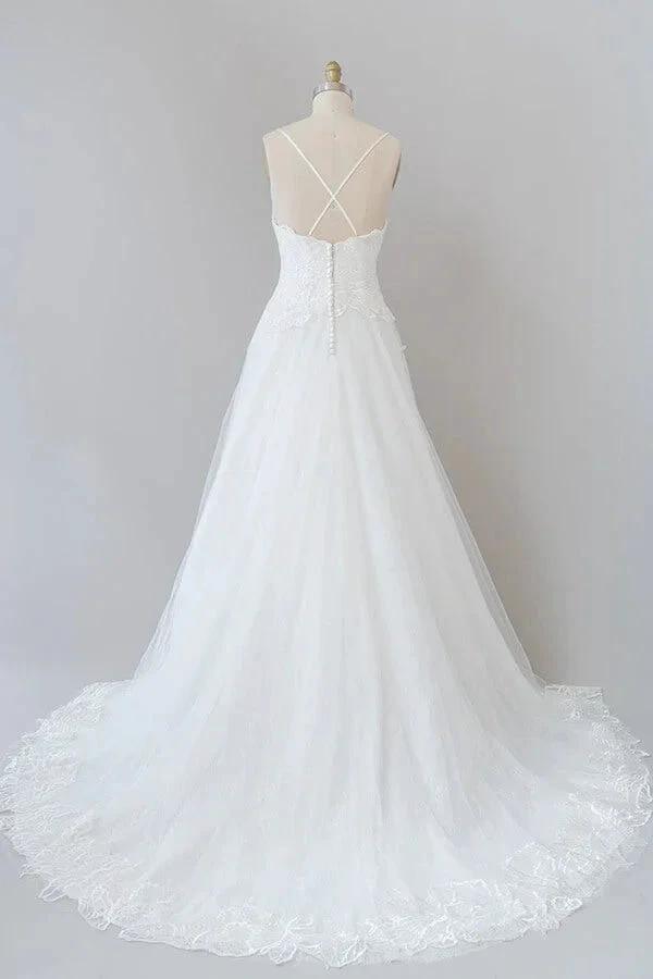 Long A-line Spaghetti Strap Applique Tulle Backless Wedding Dress - Image 2