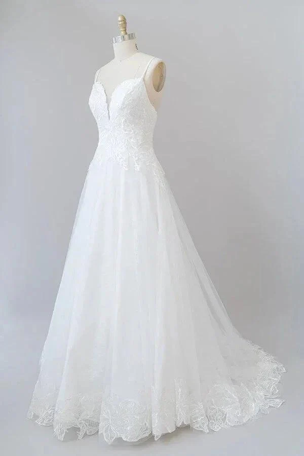 Long A-line Spaghetti Strap Applique Tulle Backless Wedding Dress - Image 3
