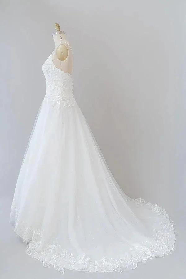 Long A-line Spaghetti Strap Applique Tulle Backless Wedding Dress - Image 4