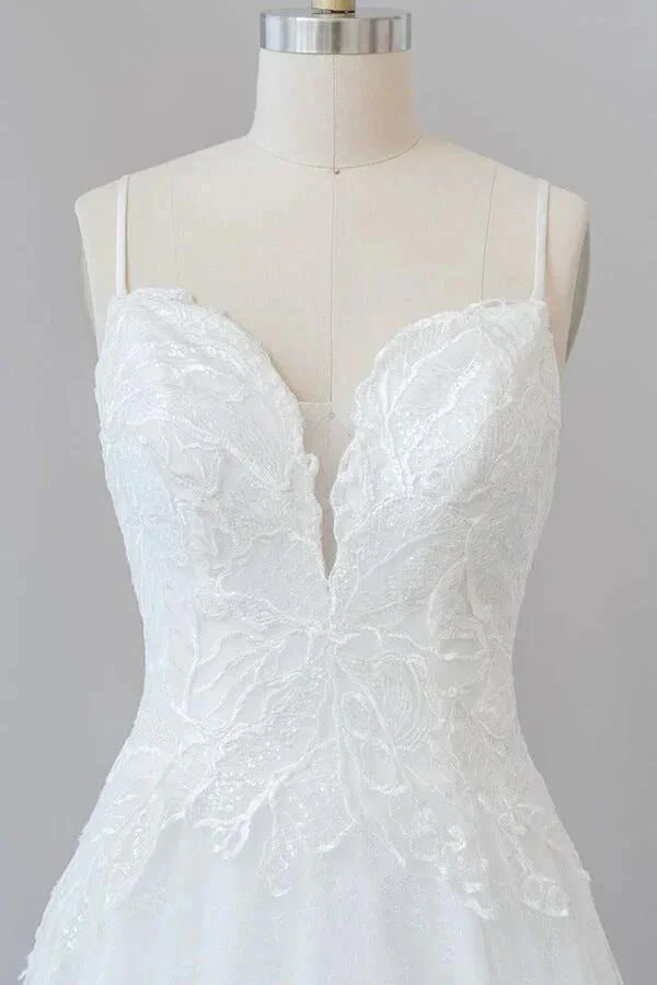 Long A-line Spaghetti Strap Applique Tulle Backless Wedding Dress - Image 5