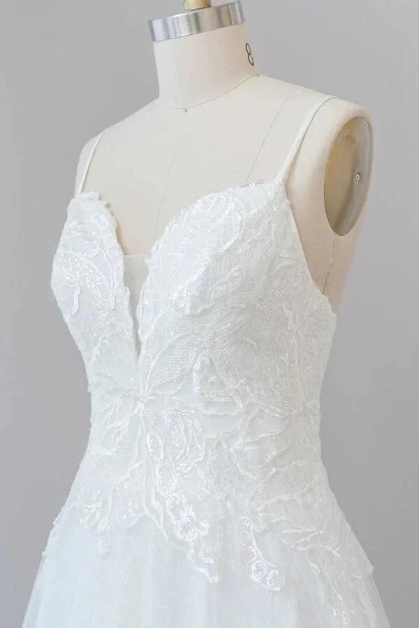Long A-line Spaghetti Strap Applique Tulle Backless Wedding Dress - Image 6