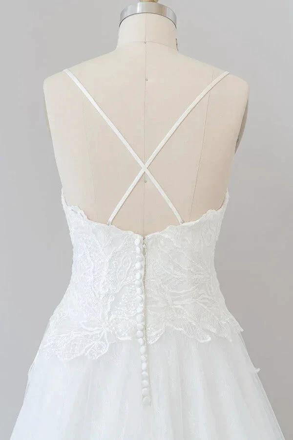 Long A-line Spaghetti Strap Applique Tulle Backless Wedding Dress - Image 7