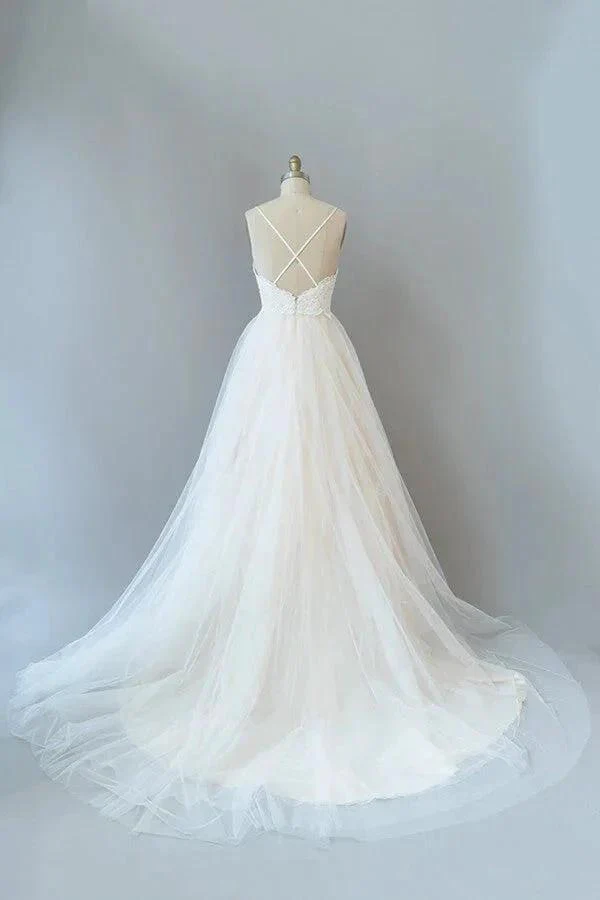 Long A-line Spaghetti Strap Lace Tulle Backless Wedding Dress - Image 2