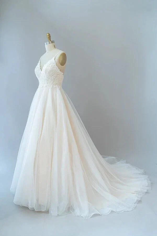 Long A-line Spaghetti Strap Lace Tulle Backless Wedding Dress - Image 3