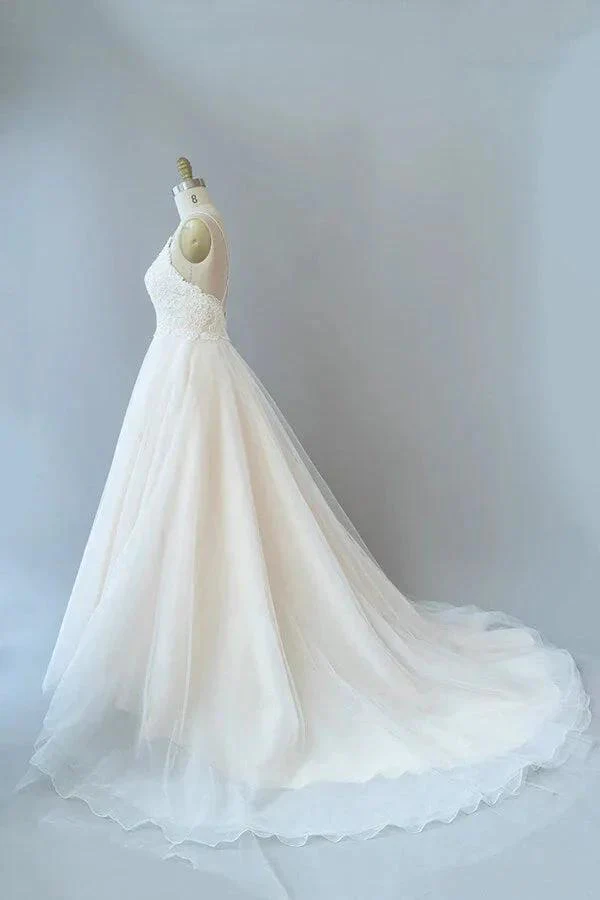 Long A-line Spaghetti Strap Lace Tulle Backless Wedding Dress - Image 4