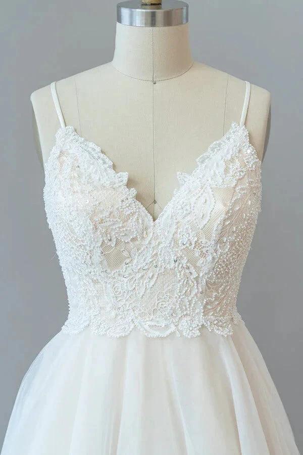 Long A-line Spaghetti Strap Lace Tulle Backless Wedding Dress - Image 5