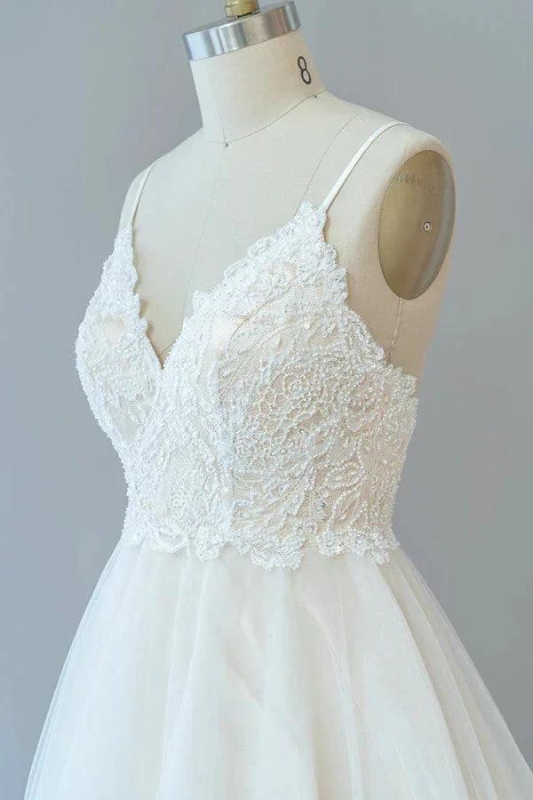 Long A-line Spaghetti Strap Lace Tulle Backless Wedding Dress - Image 6