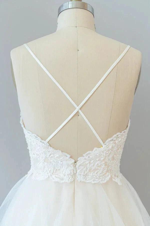 Long A-line Spaghetti Strap Lace Tulle Backless Wedding Dress - Image 7