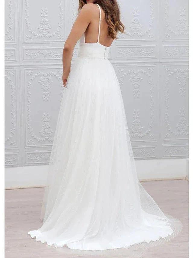 Long A-Line Spaghetti Strap Taffeta Tulle Chiffon Wedding Dresses - Image 2