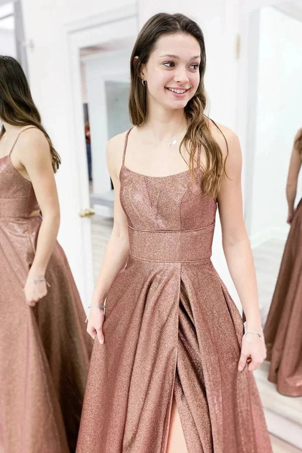 Long A-line Spaghetti Straps Backless Formal Graduation Prom Dresses with Slit - Image 2