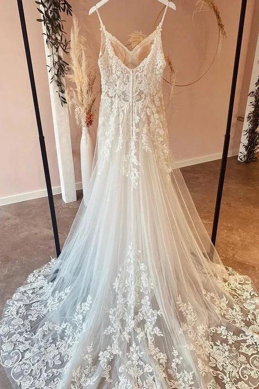 Long A-Line Spaghetti Straps Sweetheart Appliques Lace Tulle Wedding Dress - Image 2