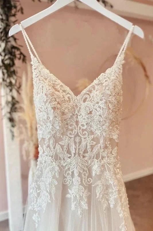 Long A-Line Spaghetti Straps Sweetheart Appliques Lace Tulle Wedding Dress - Image 3