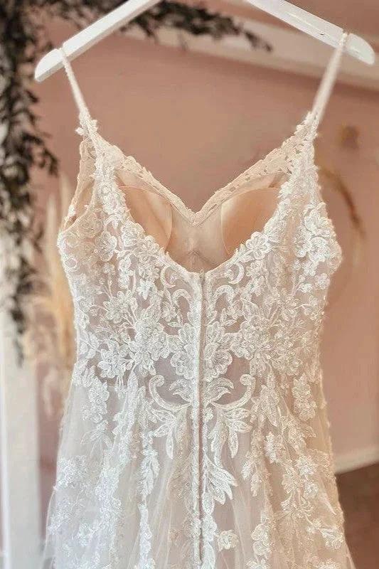 Long A-Line Spaghetti Straps Sweetheart Appliques Lace Tulle Wedding Dress - Image 4