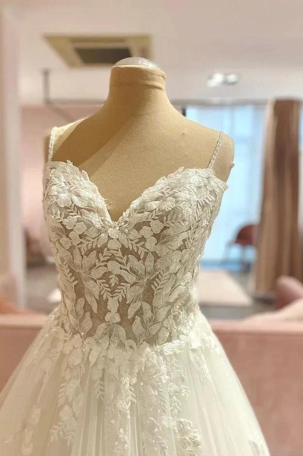 Long A-Line Spaghetti Straps Sweetheart Floral Lace Tulle Wedding Dress - Image 2