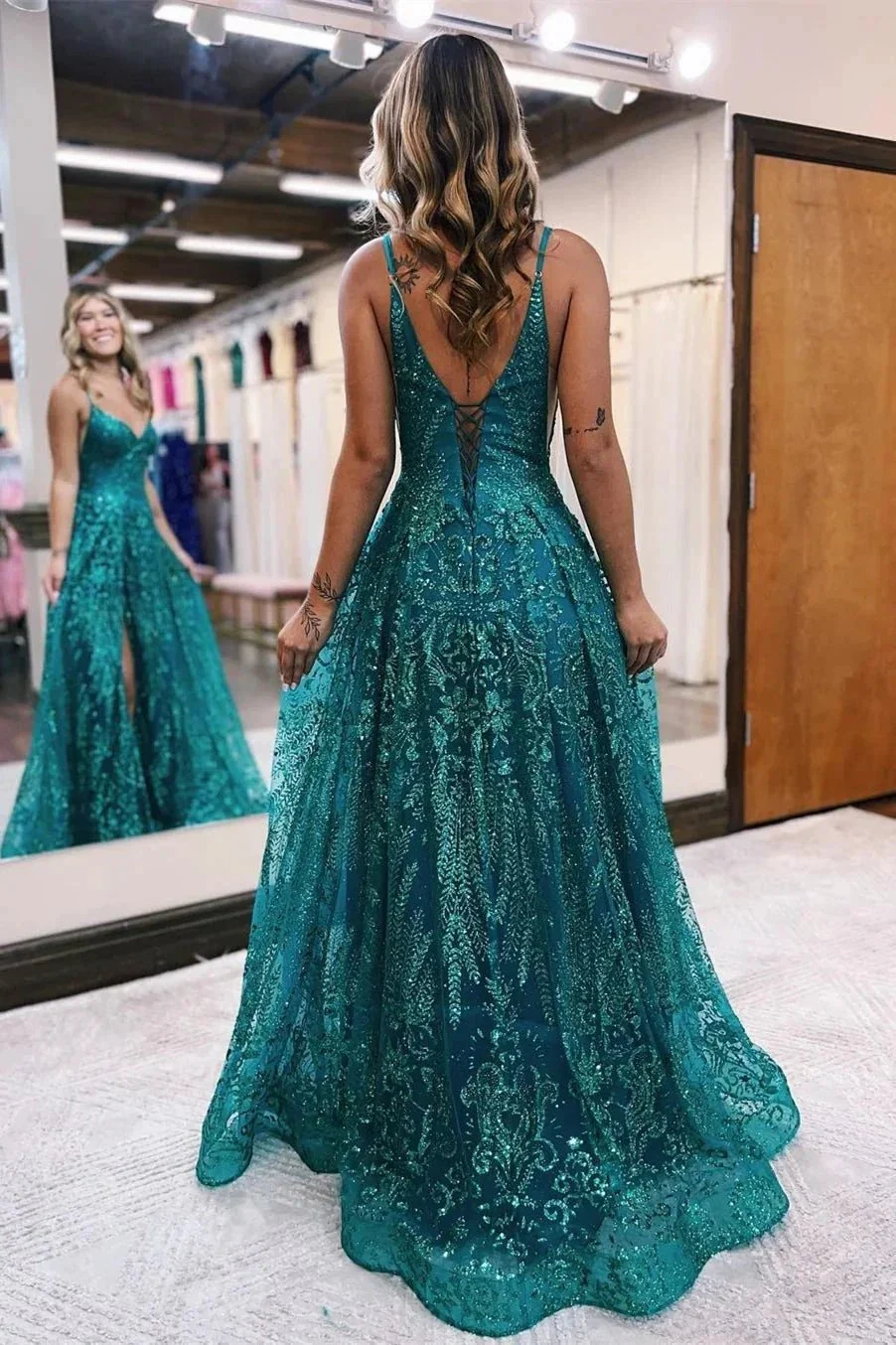 Long A line Spaghetti Straps Tulle Lace Sleeveless Prom Dress With Slit - Image 4