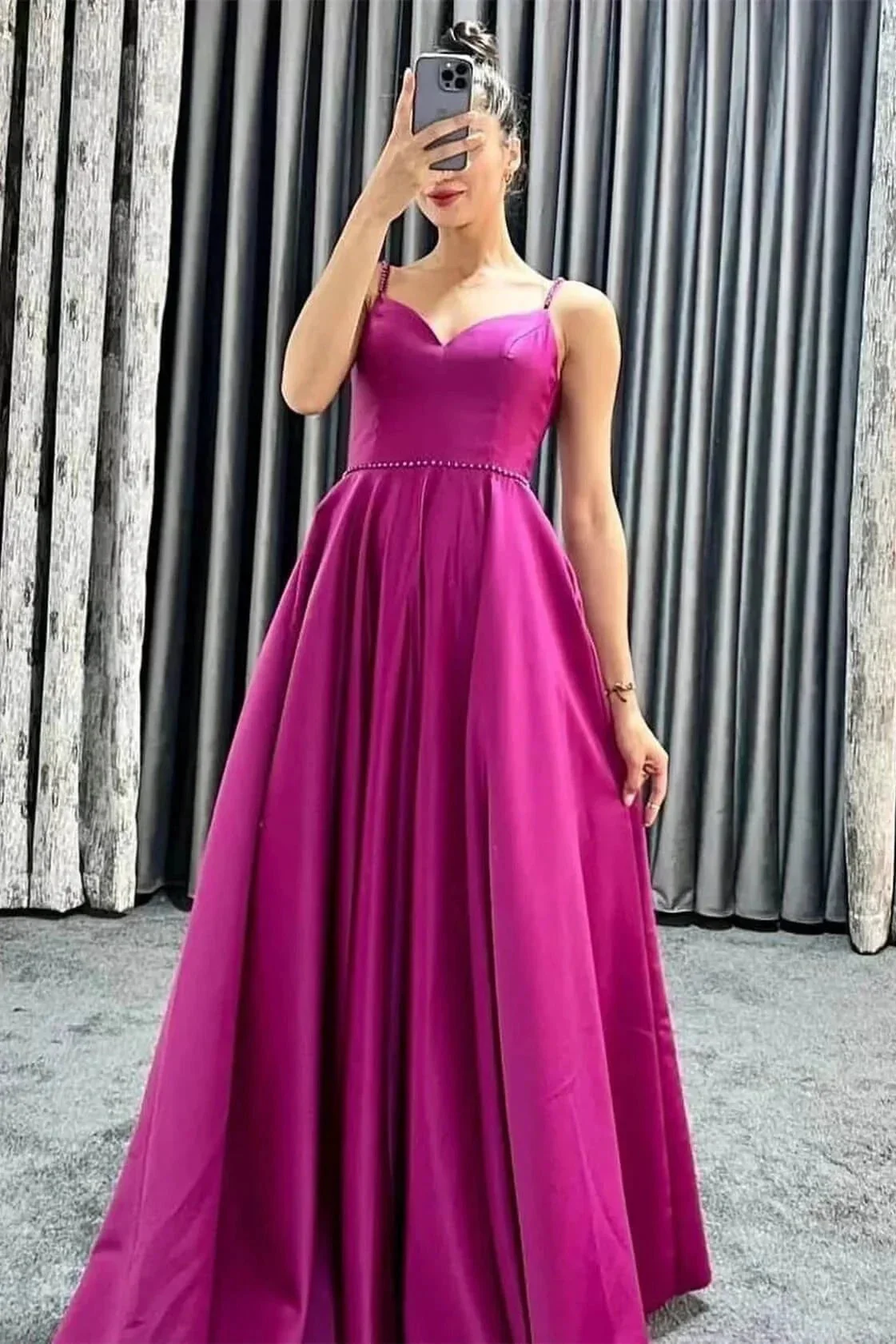 Long A-line Spaghetti Straps V-Neck Sleeveless Prom Dresses with Pockets - Image 3