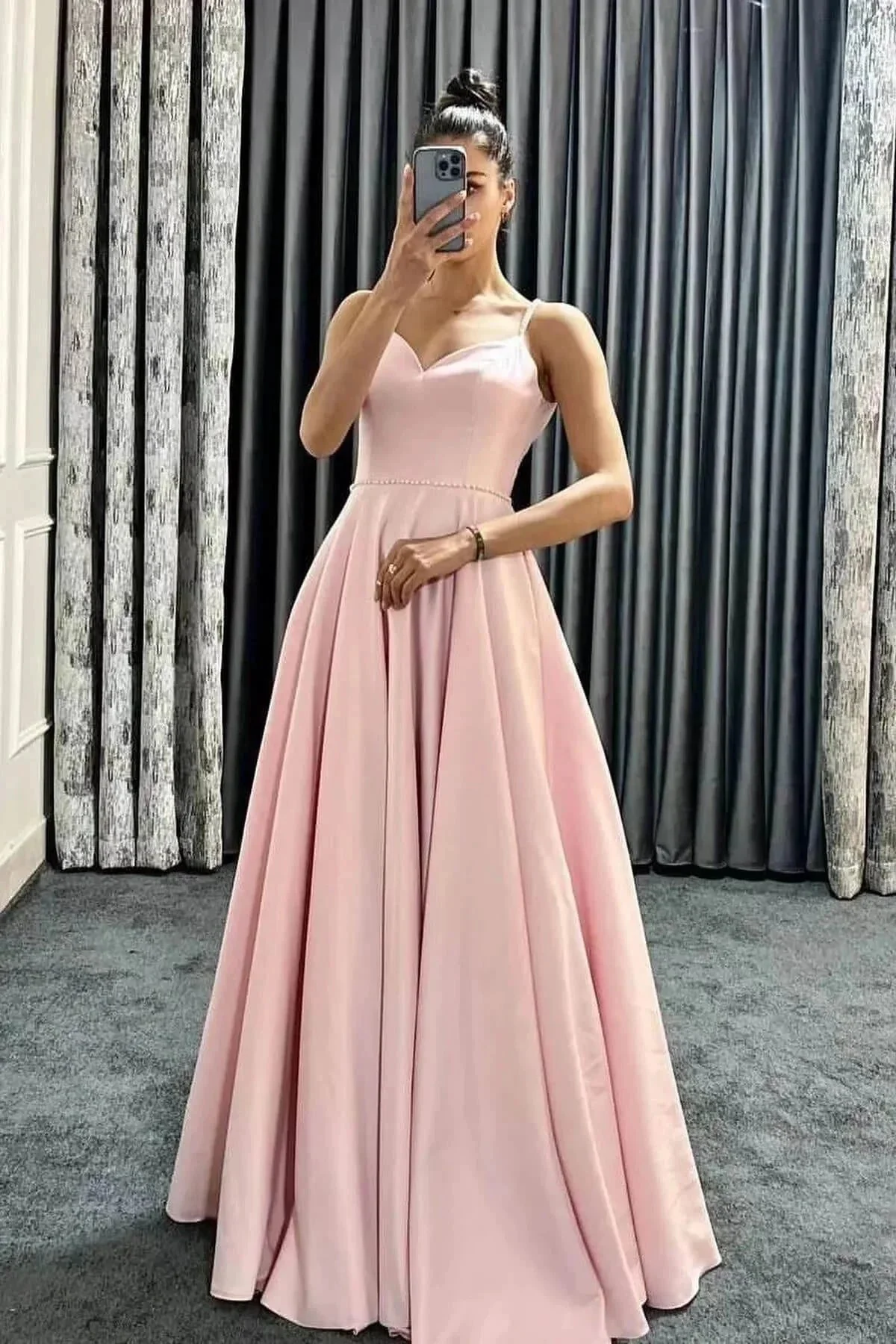 Long A-line Spaghetti Straps V-Neck Sleeveless Prom Dresses with Pockets - Image 4