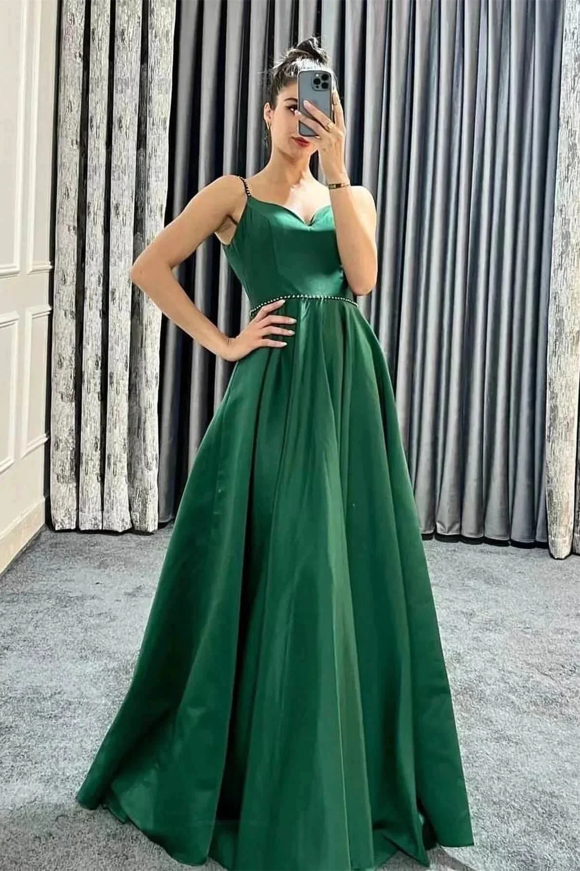 Long A-line Spaghetti Straps V-Neck Sleeveless Prom Dresses with Pockets - Image 5