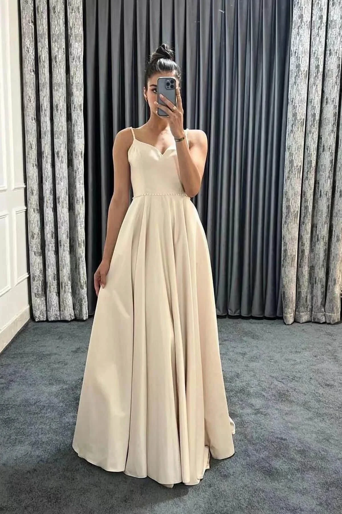 Long A-line Spaghetti Straps V-Neck Sleeveless Prom Dresses with Pockets - Image 6