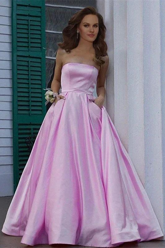 Long A-line Strapless Satin Foraml Prom Dress With Pockets - Image 2