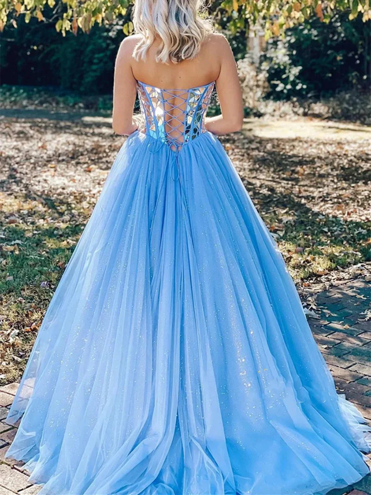 Long A line Strapless Sequins Tulle Prom Dresses Blue Formal Graduation Evening Dresses - Image 2