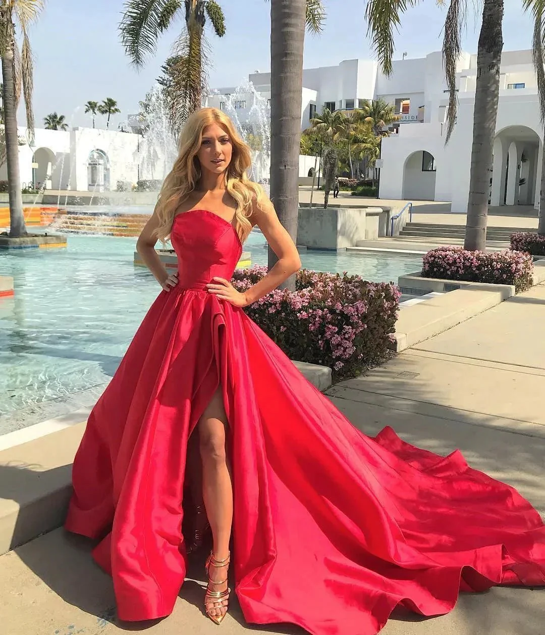 Long A-line Strapless Side Slit Satin Formal Prom Dresses with Train - Image 2