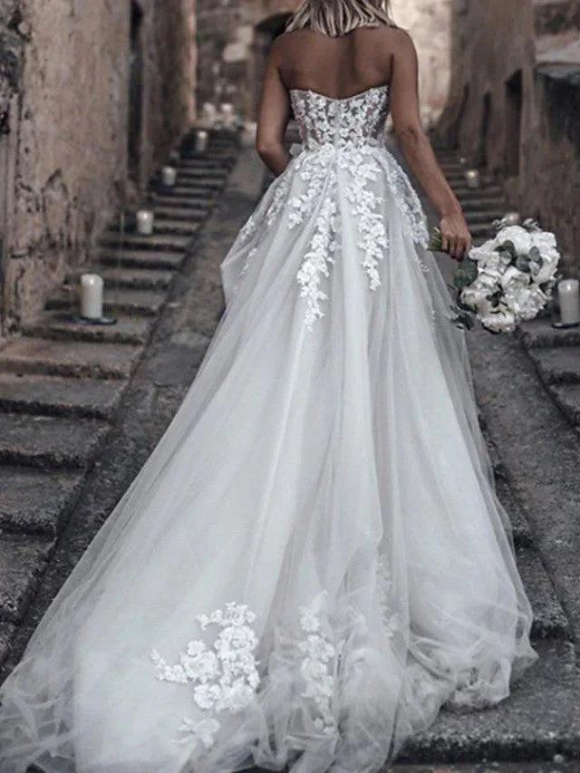 Long A-Line Strapless Sweep Brush Train Lace Tulle Sleeveless Wedding Dresses - Image 2