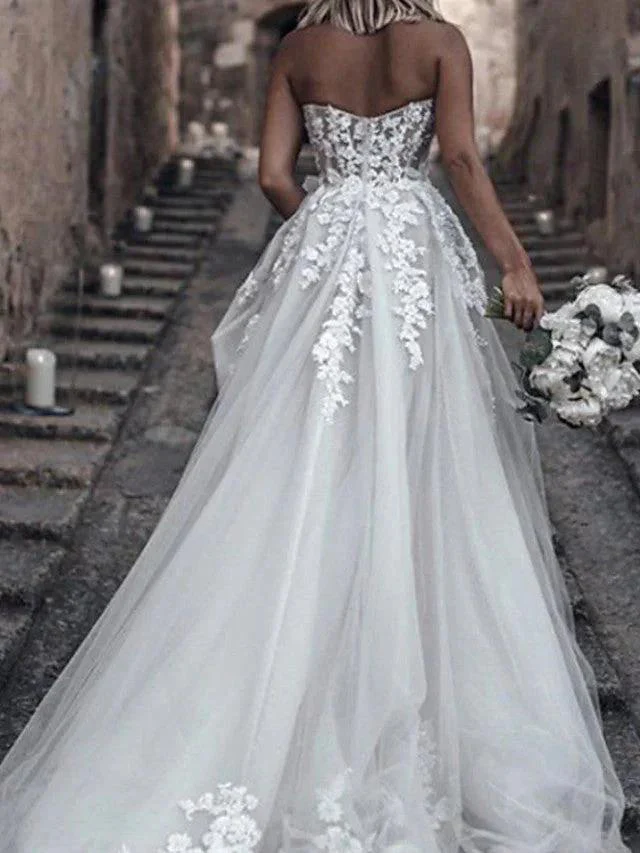 Long A-Line Strapless Sweep Brush Train Lace Tulle Sleeveless Wedding Dresses - Image 3