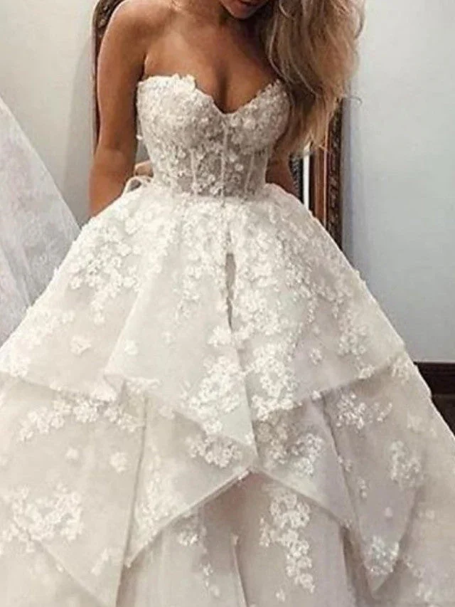 Long A-Line Strapless Sweep Brush Train Lace Tulle Wedding Dresses - Image 2