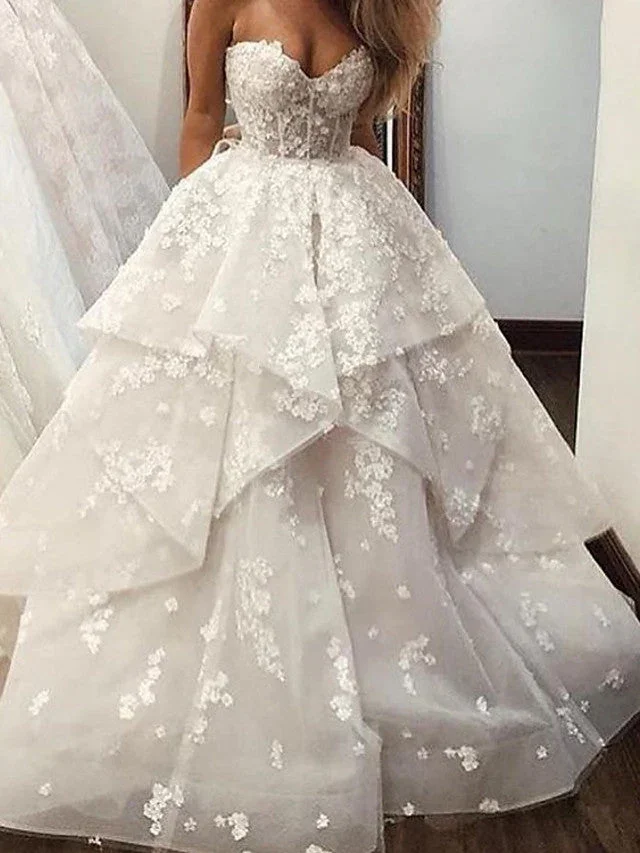 Long A-Line Strapless Sweep Brush Train Lace Tulle Wedding Dresses - Image 3
