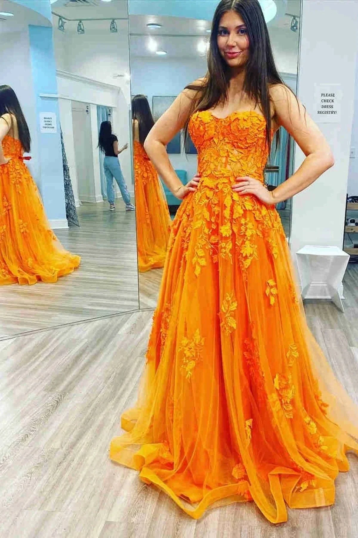 Long A-line Strapless Tulle Lace Prom Dress Orange Formal Evening Gowns - Image 2