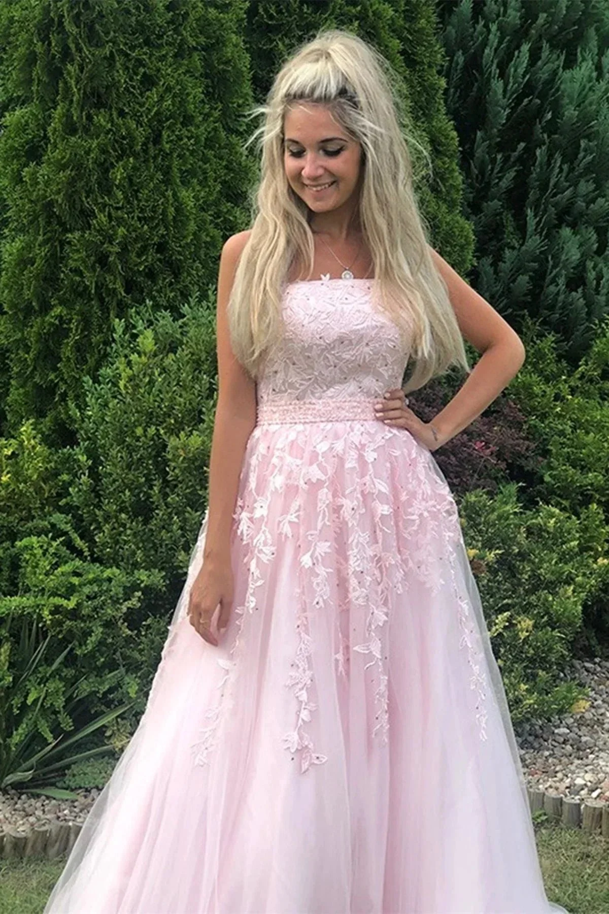 Long A-line Strapless Tulle Lace Prom Dress Pink Formal Graduation Evening Gowns - Image 2